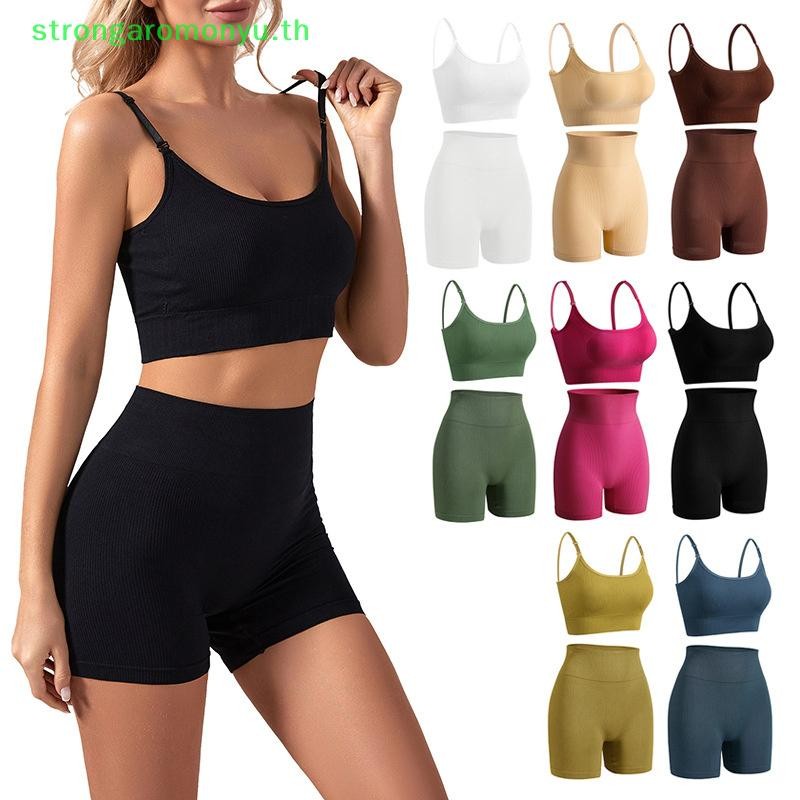 Strongaromonyu โยคะชุดหญิงผู้หญิง Crop Top Bra เลกกิ้ง 2 ชิ้นผู้หญิงชุดฟิตเนสยิมออกกําลังกายกางเกงขาสั้นชุดกีฬาชุด TH