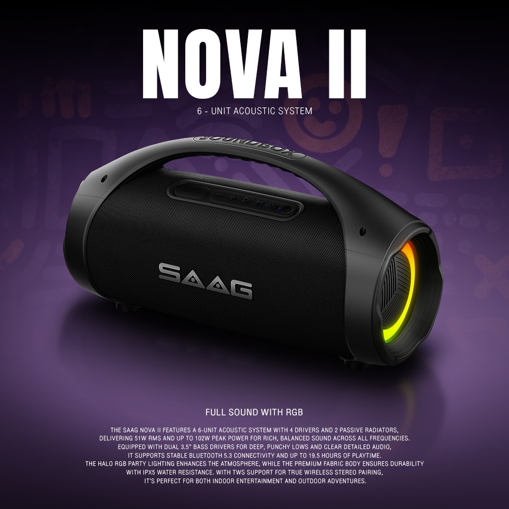 SAAG NOVA II Bluetooth Speaker 51W RGB Light | ลำโพงบลูทูธ กันน้ำ IPX5 | Bluetooth 5.3 | TWS Stereo