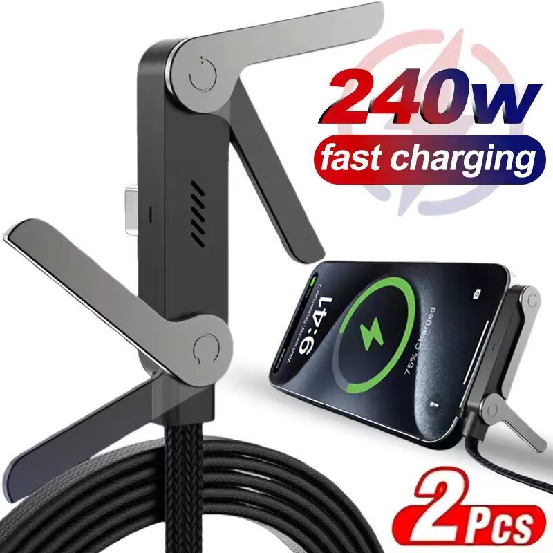สายชาร์จ type-c  หัวเสียบ type-c ชาร์จเร็วพิเศษ 240w แบบมีขาตั้ง ใช้งานแนวตั้งแนวนอน ชาร์จสะดวก สายถักหัวงอ ราคาถูก